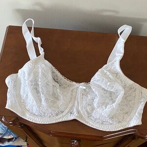 White Lace Underwire Bra with Sheer Floral Cups 36D